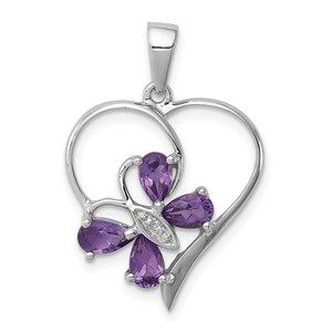 925 Sterling Silver Amethyst and Diamond Butterfly Heart Necklace Charm Pendant